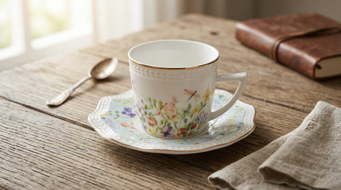 A white ceramic teacup and saucer set with delicate floral and dragonfly illustrations, gold trim, and a beaded rim, styled on a rustic wooden table with a spoon, linen napkin, and leather journal in the background.