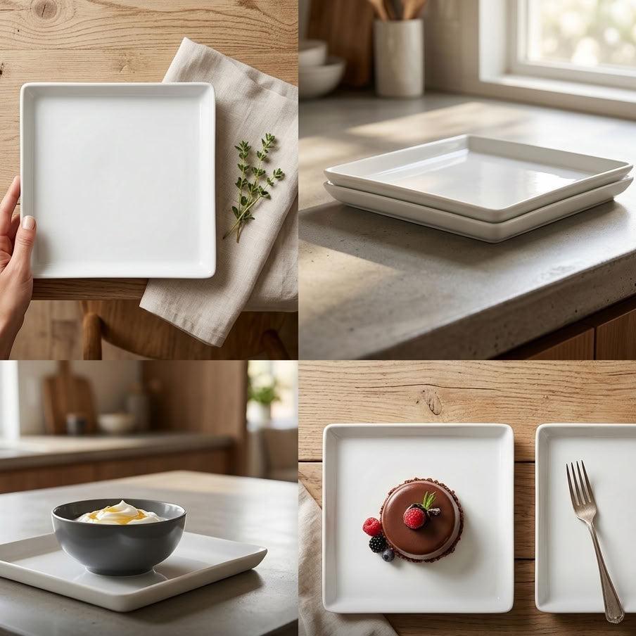 A collage showing two white square porcelain dinner plates in a kitchen setting. One panel shows a hand holding one plate, one shows the pair stacked on a countertop, one shows the plate holding a small bowl, and one shows the plate with a dessert and fork.