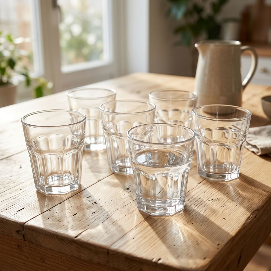 Set of six clear faceted drinking glasses on a wooden table