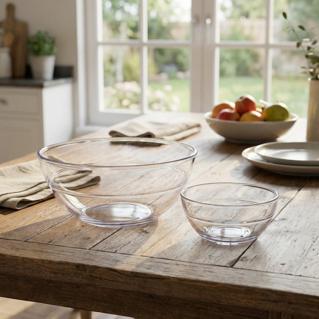 Clear glass bowls on a wooden table with a window view of greenery.