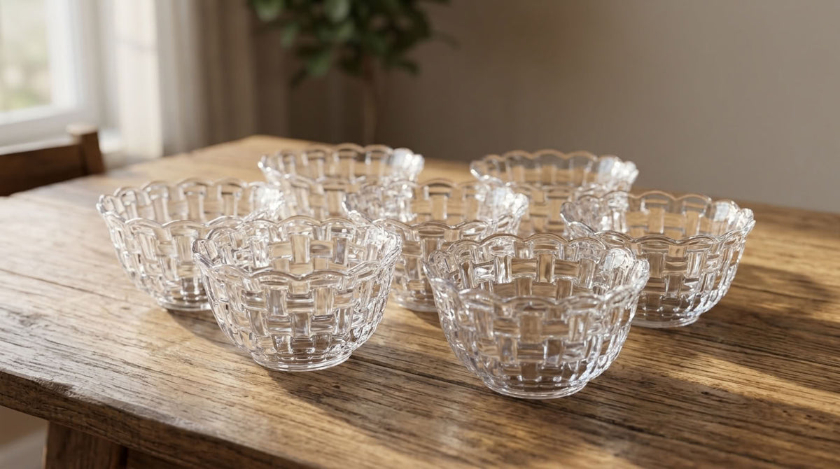 Clear patterned glass bowl styled with berries and mint