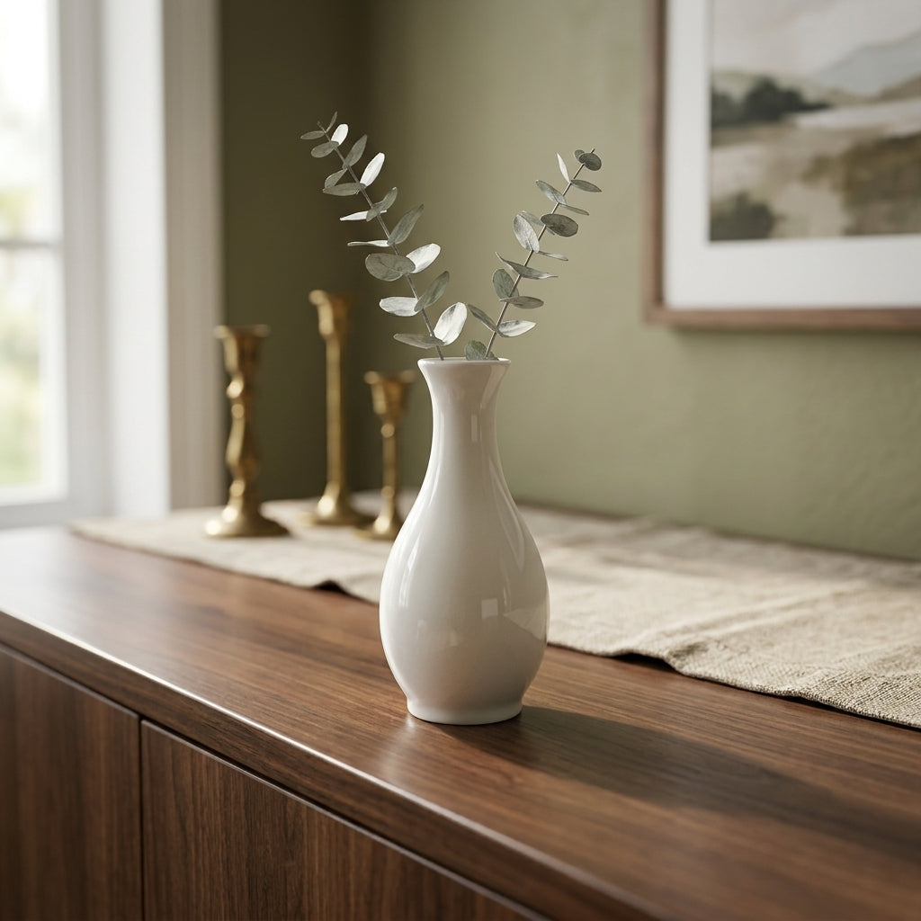 White vase with eucalyptus on a wooden surface with gold candlesticks and a landscape painting in the background.
