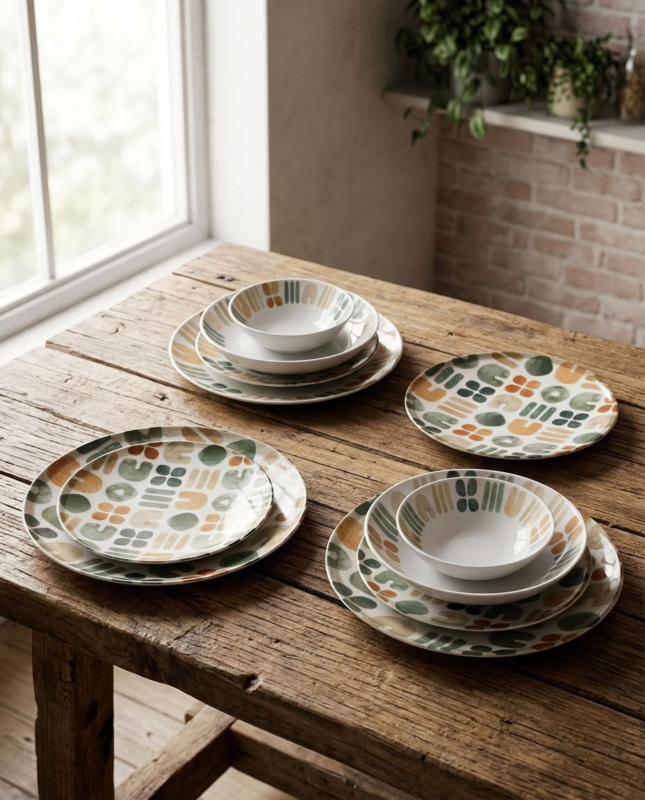 A set of patterned ceramic dinnerware, including plates and bowls, arranged on a rustic wooden table in a bright room with a window and brick wall.