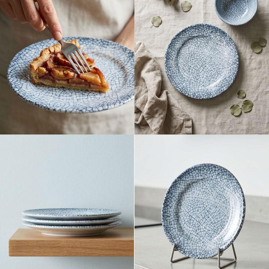 A four-panel collage showing a blue and white crackle-pattern ceramic plate set in use and styled. One panel shows a hand holding a fork with a slice of pie on a plate.