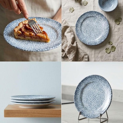 A four-panel collage showing a blue and white crackle-pattern ceramic plate set in use and styled. One panel shows a hand holding a fork with a slice of pie on a plate.