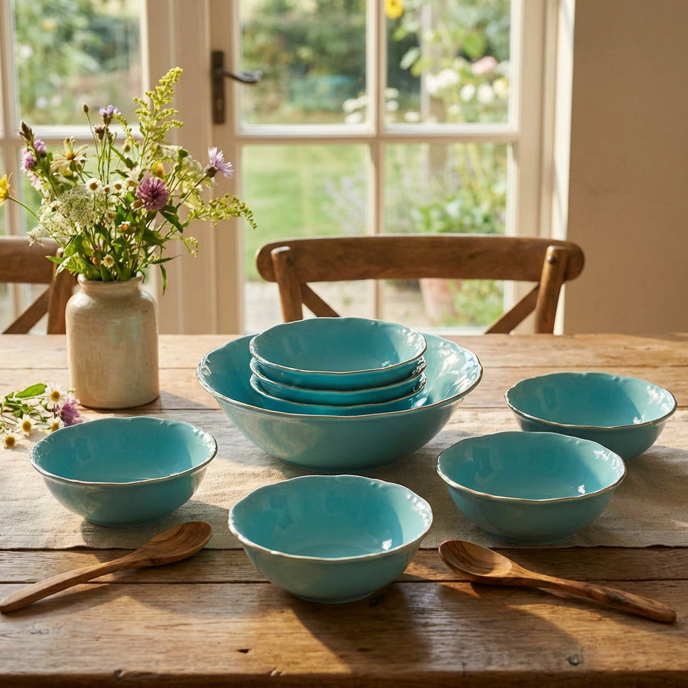 Set of turquoise ceramic bowls on a wooden table with a vase of flowers and wooden spoons.