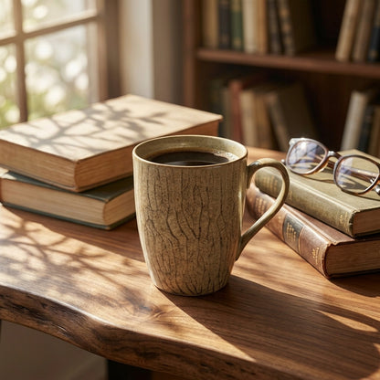 Mug of coffee on a wooden table with books and glasses in the background