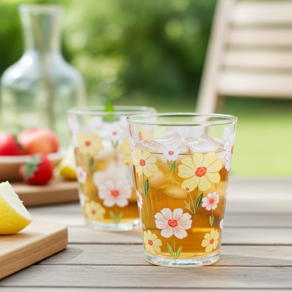 Two glasses of iced tea with floral designs on a wooden table outdoors.