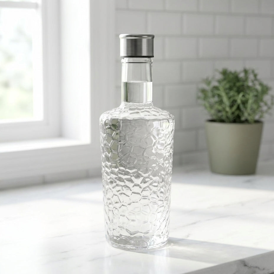 Clear glass bottle with silver cap on a kitchen counter