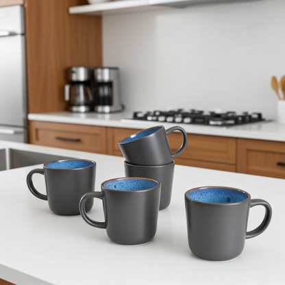 Set of gray mugs with blue interior on a kitchen counter