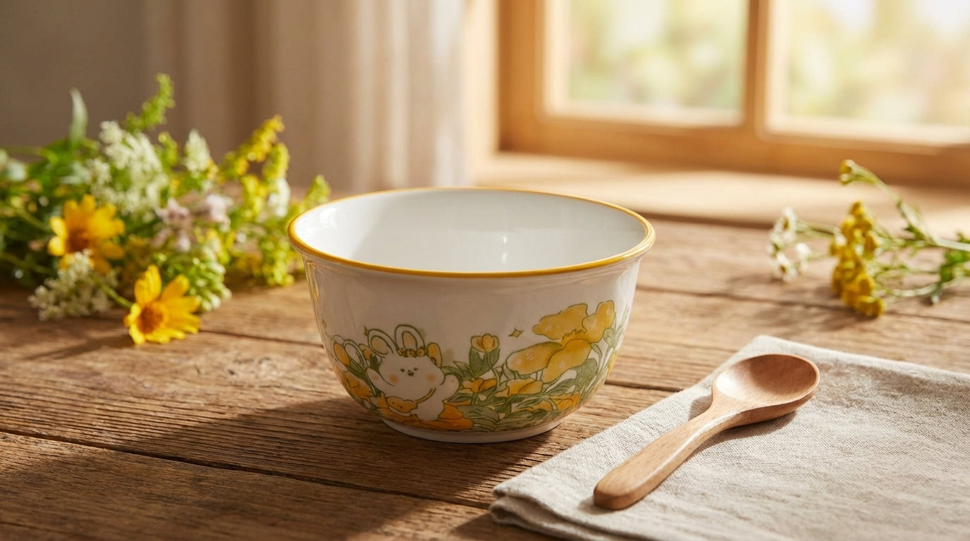Ceramic bowl with floral design on a wooden table with a wooden spoon and flowers.