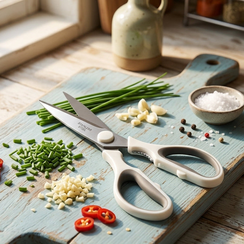 A pair of kitchen shears with white handles and silver stainless steel blades rests on a rustic, weathered blue wooden cutting board. The cutting board is styled with fresh culinary ingredients, including chopped chives, minced garlic, sliced red chilies, and coarse salt, set on a light wooden table near a window.
