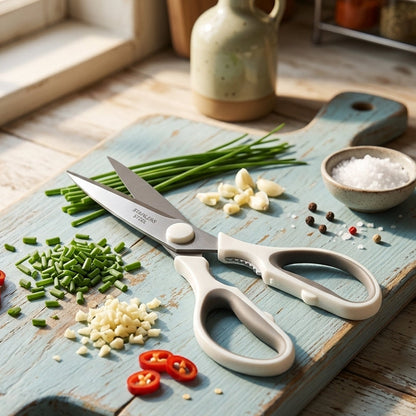 A pair of kitchen shears with white handles and silver stainless steel blades rests on a rustic, weathered blue wooden cutting board. The cutting board is styled with fresh culinary ingredients, including chopped chives, minced garlic, sliced red chilies, and coarse salt, set on a light wooden table near a window.