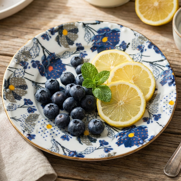 Plate of blueberries and lemon slices on a floral-patterned plate with a candle and fork on a wooden table.