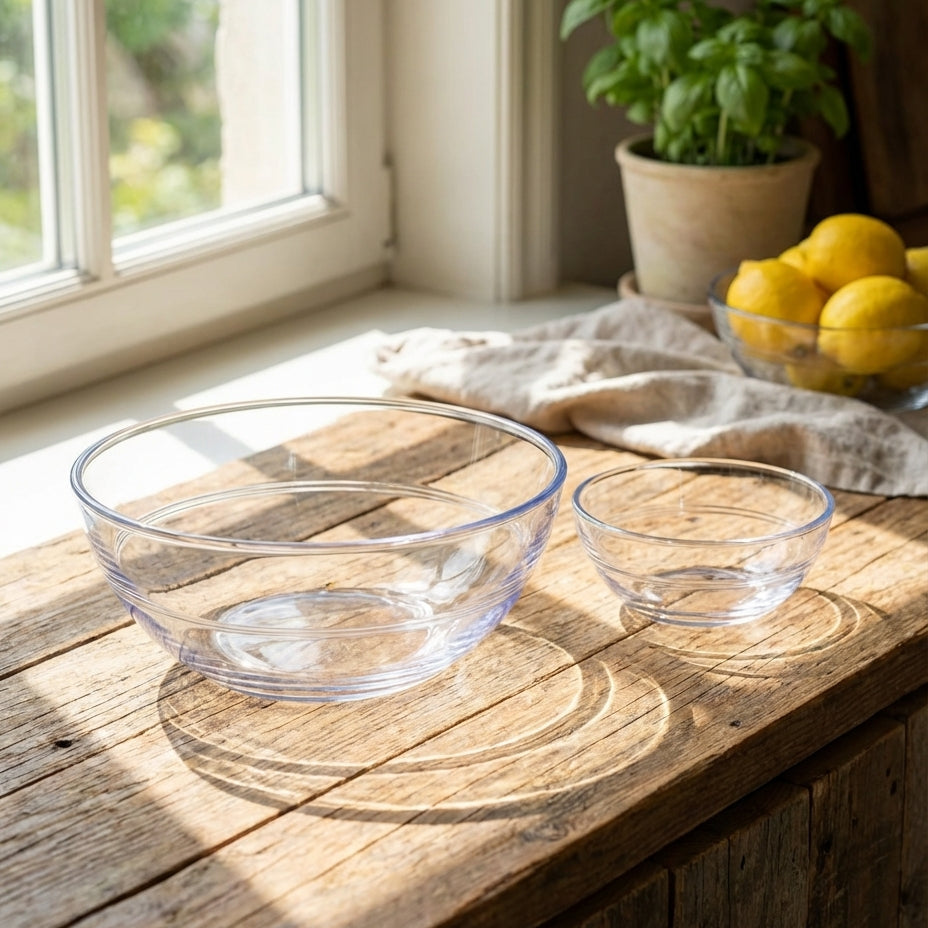 Clear glass bowls on a wooden surface with a window and plant in the background