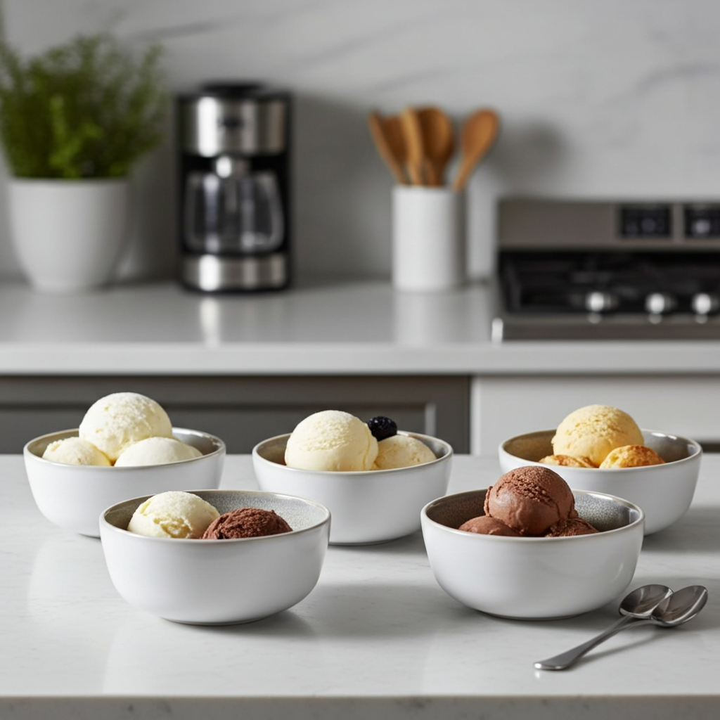 Five bowls of ice cream on a kitchen counter with a coffee maker and utensils in the background.