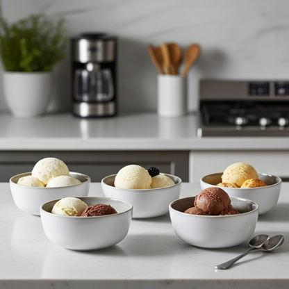 Five bowls of ice cream on a kitchen counter with a coffee maker and utensils in the background.
