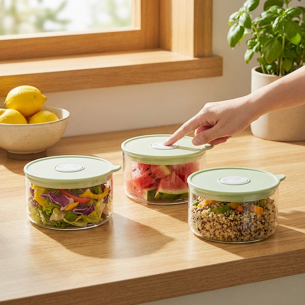Glass containers with green lids on a wooden surface, filled with various foods.