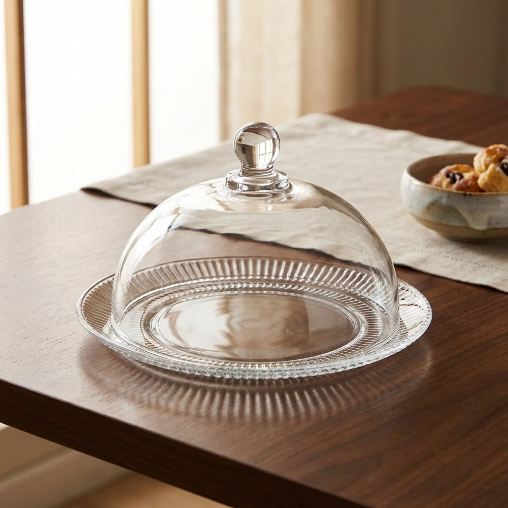 Clear glass cake stand with dome on a wooden table