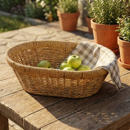 Wicker basket with apples on a wooden table outdoors
