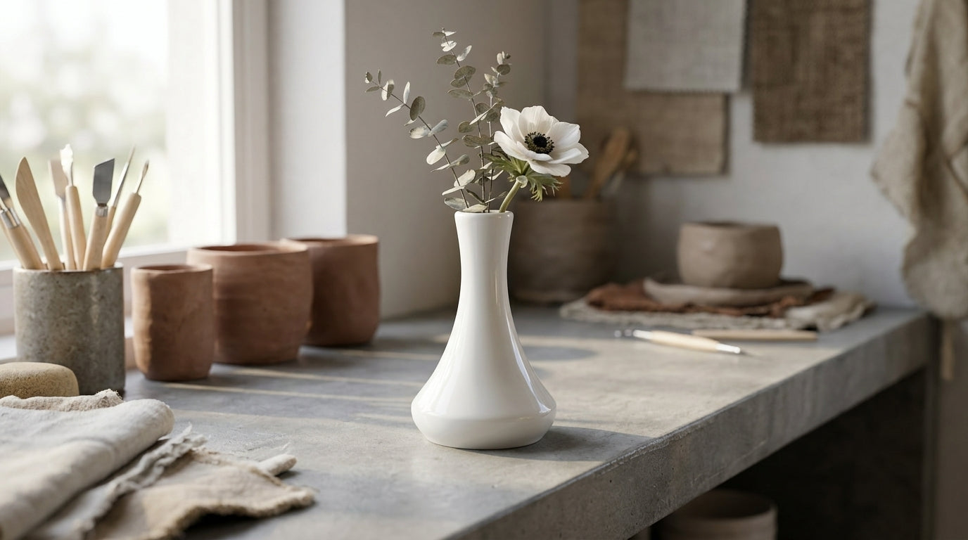Luvu White Ceramic Vase | Wide Base Bottle Vase