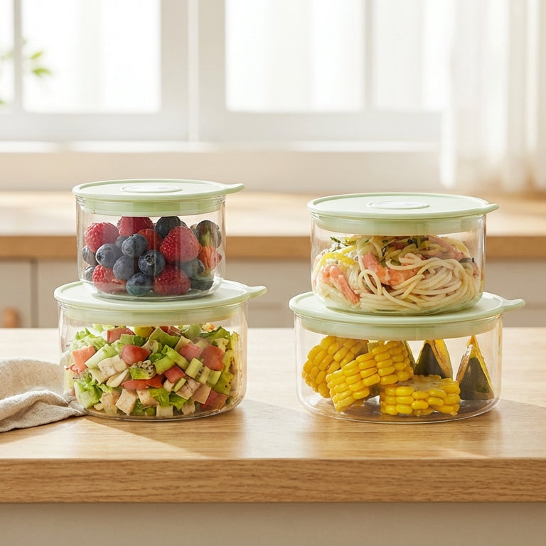 Set of glass food containers with food on a kitchen counter