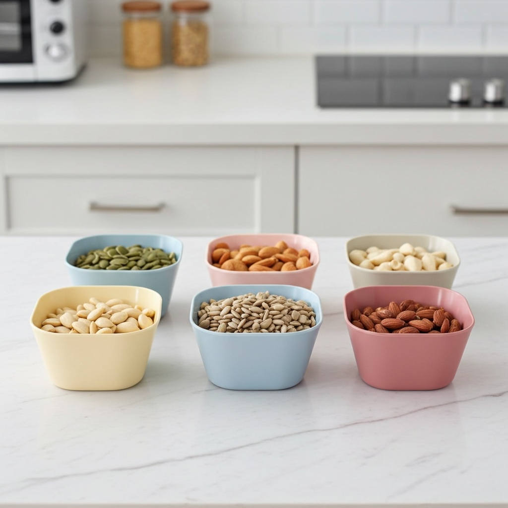 Set of colorful bowls filled with various nuts on a kitchen counter.