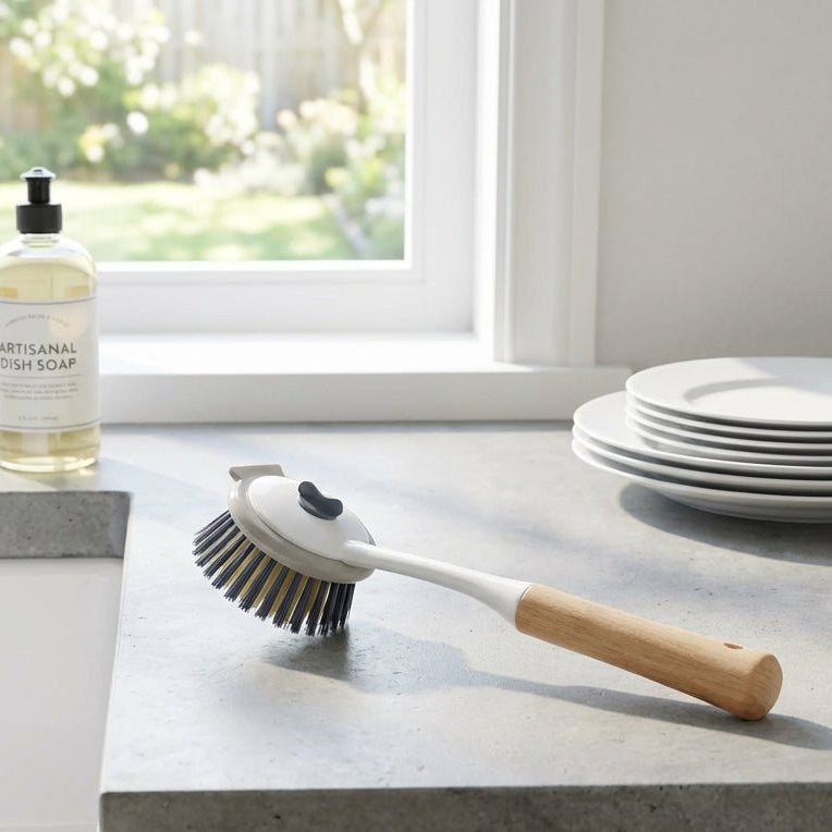 Cleaning brush with wooden handle on a kitchen counter next to a bottle of soap.