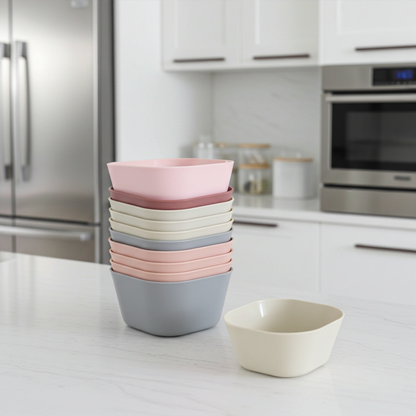 Stack of colorful bowls on a kitchen counter with a modern kitchen background.