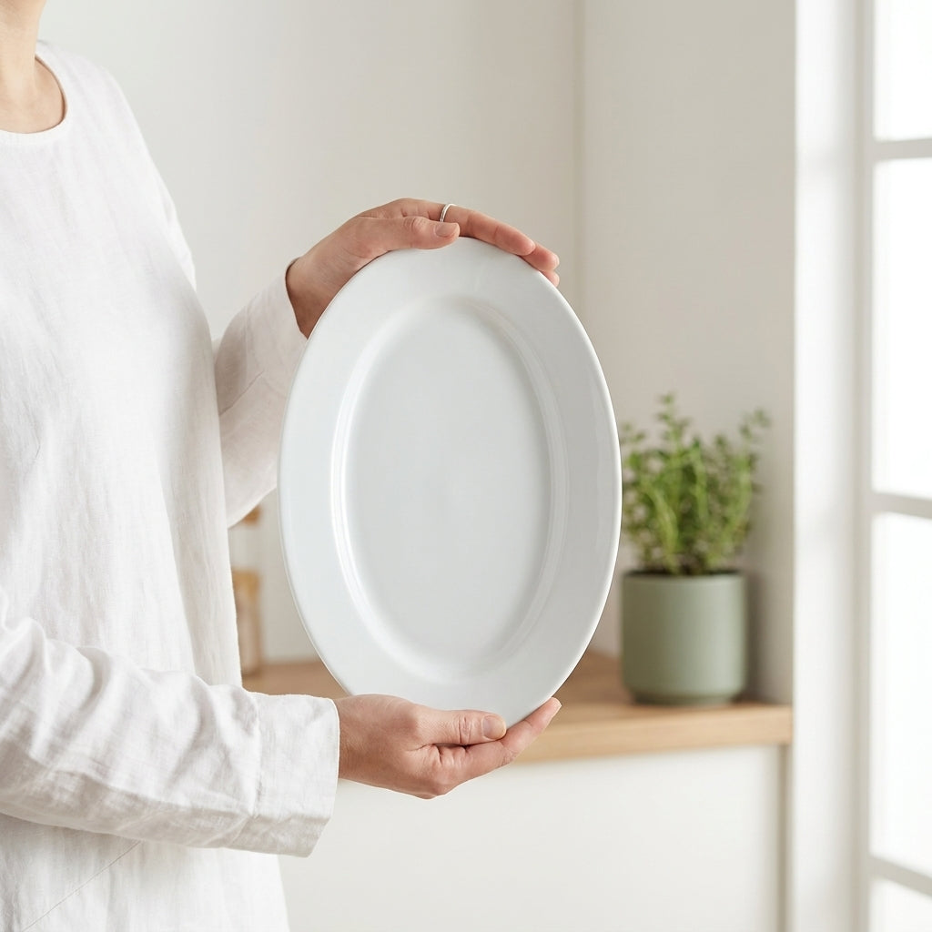 Person holding a white plate in a minimalistic room with a plant in the background