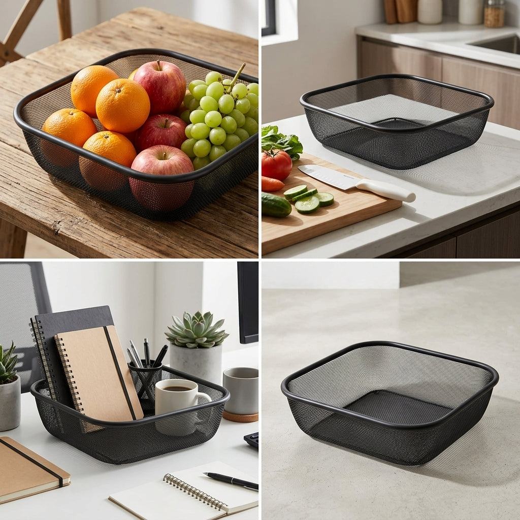 A 4-panel collage showing a black mesh rectangular basket/tray in different real-world settings: holding fruit on a wooden table, on a kitchen counter, on a desk with notebooks and mugs, and shown empty on a light stone surface.