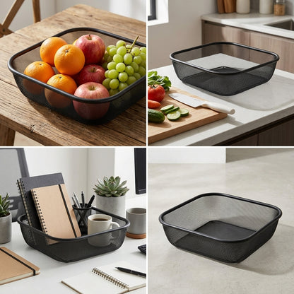 A 4-panel collage showing a black mesh rectangular basket/tray in different real-world settings: holding fruit on a wooden table, on a kitchen counter, on a desk with notebooks and mugs, and shown empty on a light stone surface.