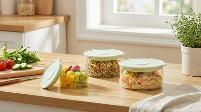 Set of food storage containers on a kitchen counter with fresh produce and a plant.