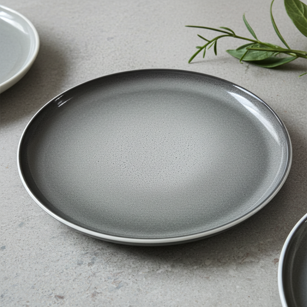 Gray ceramic plate on a light gray surface with green leaves.