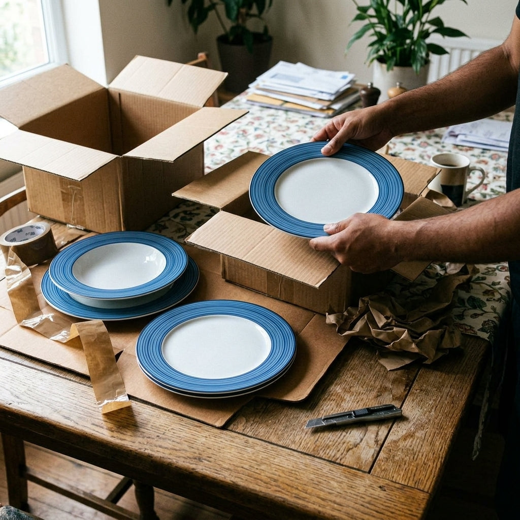 Person packing blue and white plates into a cardboard box on a wooden table.