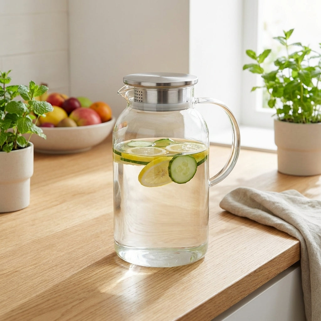 Clear glass pitcher with lemon and cucumber slices on a wooden countertop with plants and fruit in the background.
