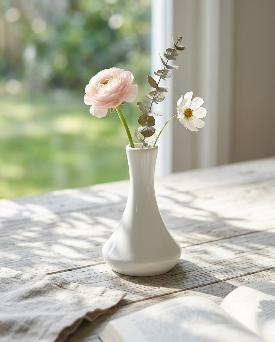 Luvu White Ceramic Vase | Wide Base Bottle Vase
