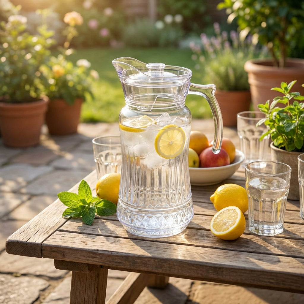 Clear glass pitcher with lemon slices on a wooden table outdoors