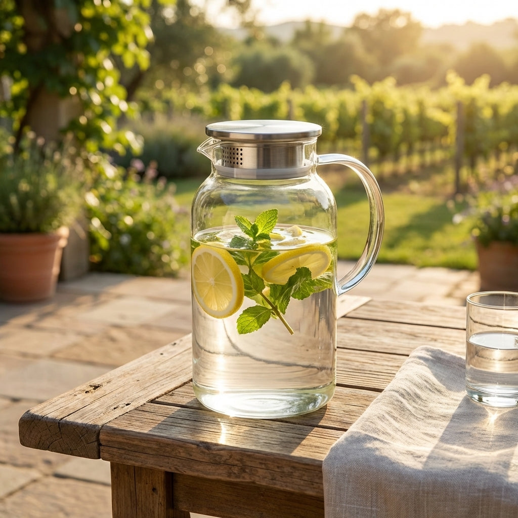 Glass pitcher with lemon and mint on a wooden table outdoors