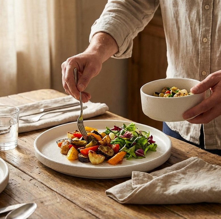 Person eating a meal with a bowl and plate of food on a wooden table.