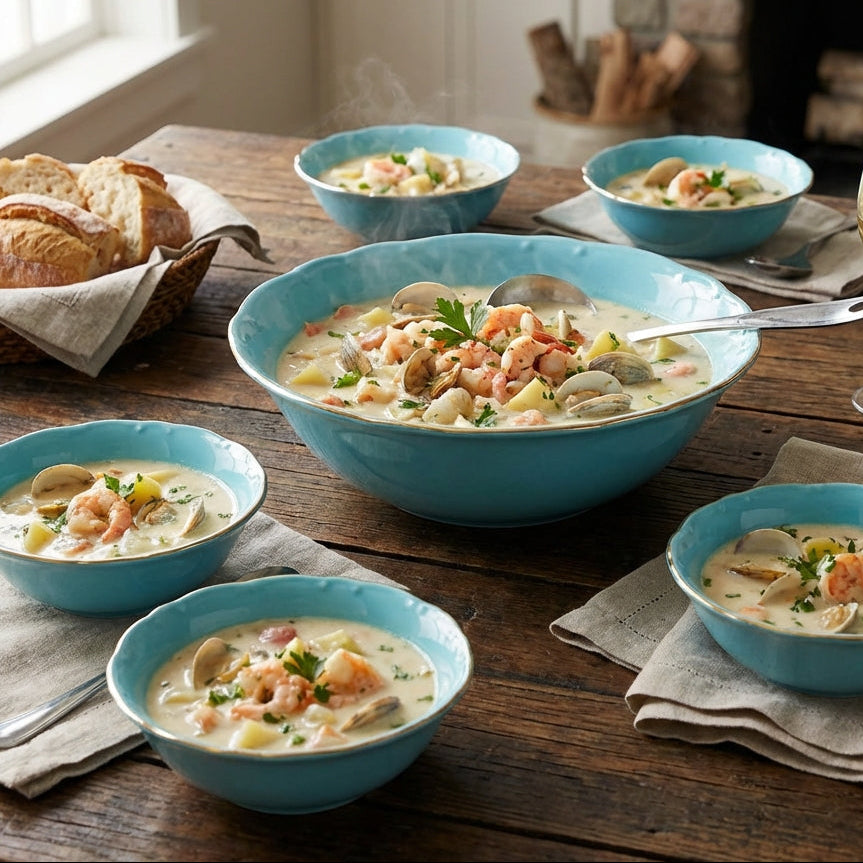 Multiple bowls of seafood chowder on a wooden table with a fireplace in the background.