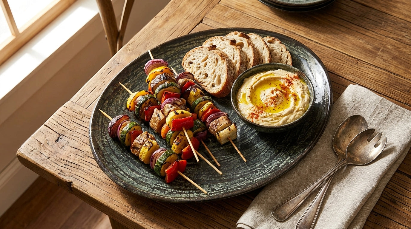 A rustic charcoal plate featuring colorful vegetable and meat skewers, sliced bread, and a small bowl of hummus on a wooden dining table, accompanied by silver spoons and a beige napkin.