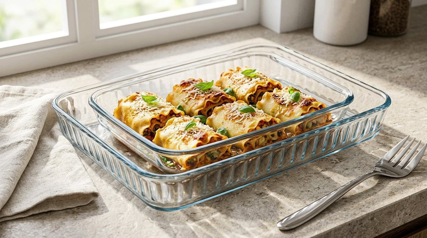 Glass baking dish with lasagna on a countertop