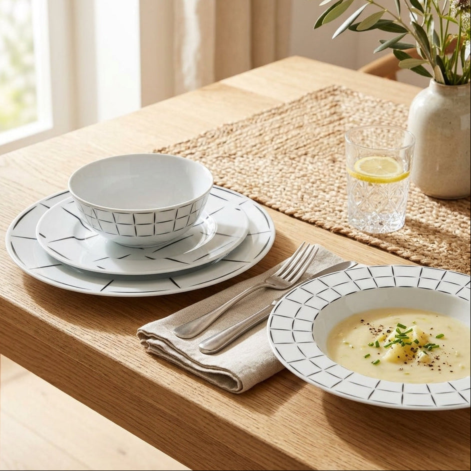 Dining table set with bowls, plates, and a glass of water on a wooden table.