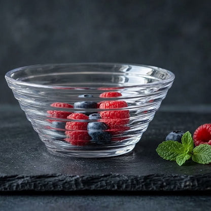 A clear ribbed glass bowl filled with red raspberries and blue blueberries, set on a dark slate board with fresh mint leaves and additional berries against a dark gray background.