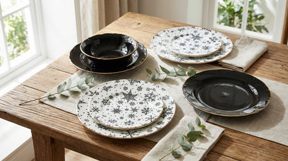 Dinnerware set with black and white patterned plates on a wooden table.