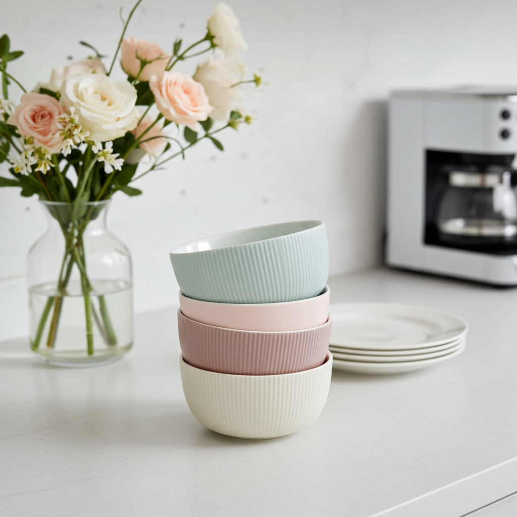 Stack of colorful ceramic bowls on a kitchen counter with flowers and a coffee machine in the background.