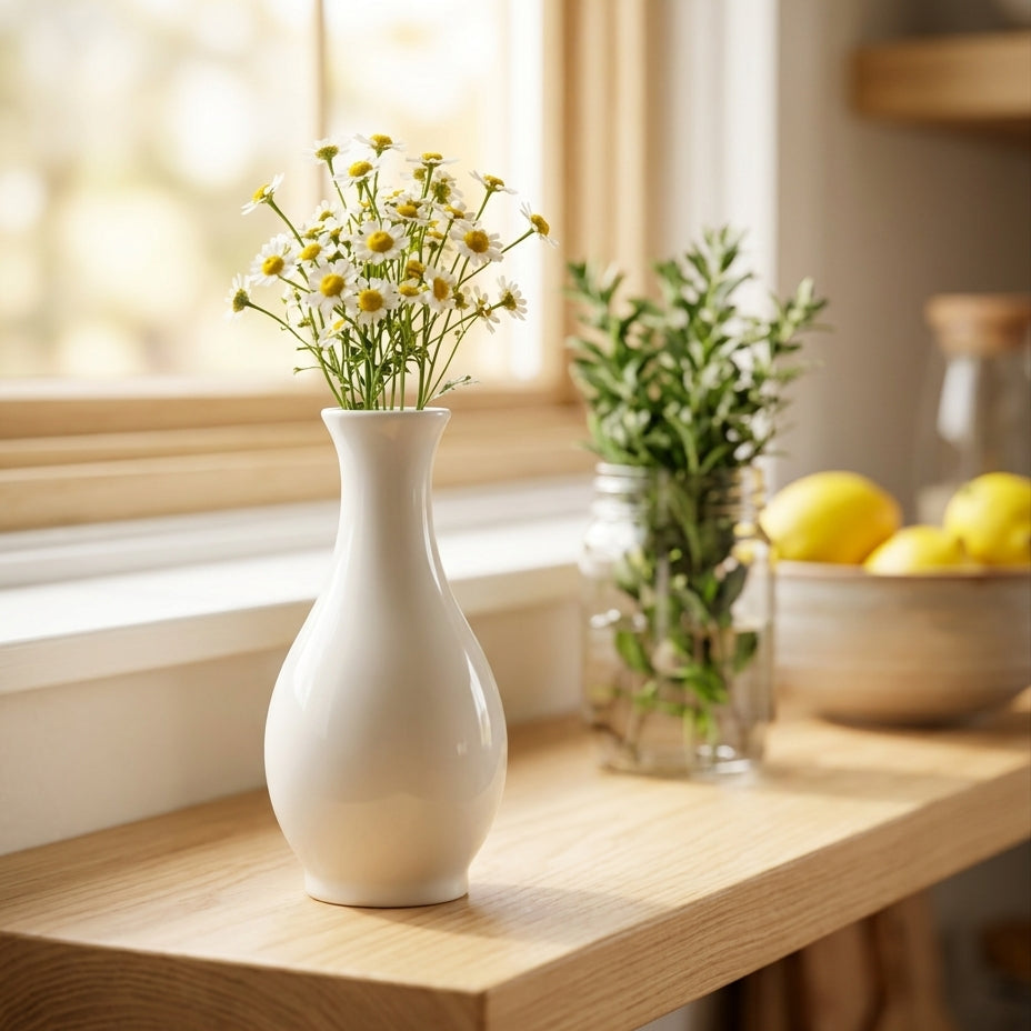 White vase with flowers on a wooden shelf near a window