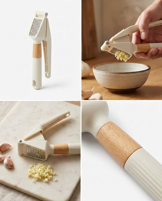 A collage showing a garlic press and grater set in use and at rest. The set has a cream-colored plastic body with a light natural wood handle.