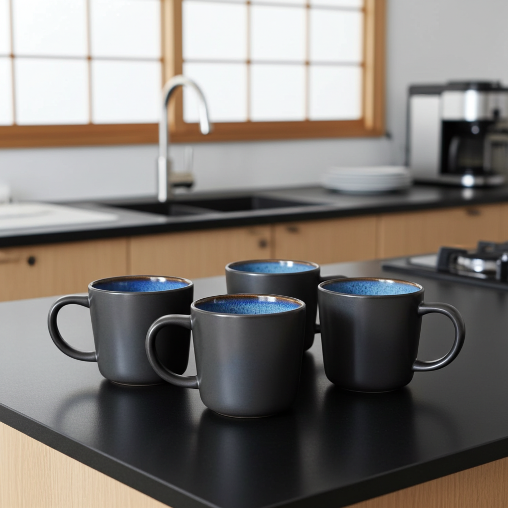 Four black mugs with blue interior on a kitchen counter.